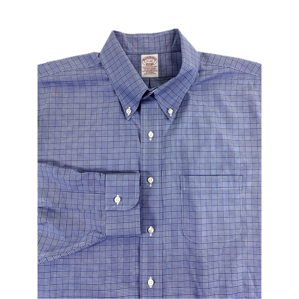 Brooks Brothers Men's Button Down Non-Iron Stretch Blue Check Dress Shirt 17-34